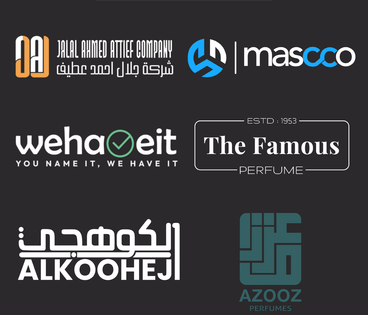 Six client logo designs: Jalal Ahmed Attief Company, Mascco, WeHaveIt, The Famous Perfume, Alkooheji, Azooz Perfumes